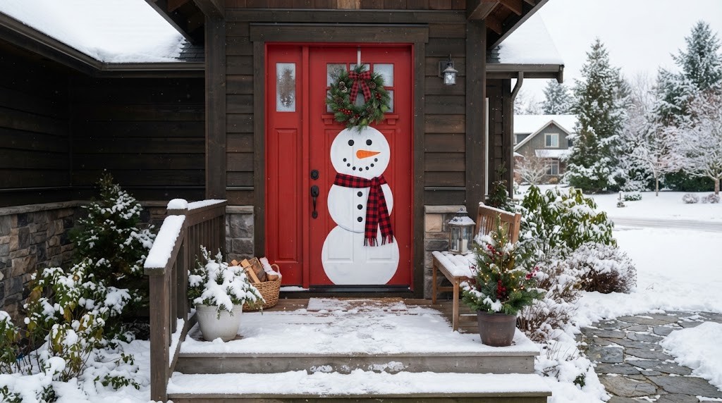 Red front door decorated as a big snowman face with a plaid ribbon scarf and small wreath