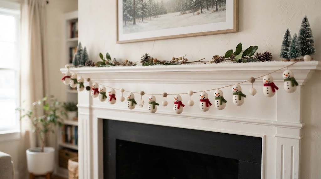 Felt snowman garland with tiny red and green scarves strung across a white mantel