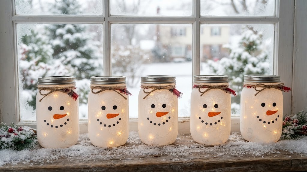 Snowman decor ideas with frosty white mason jars glowing with LED fairy lights on a snowy windowsill