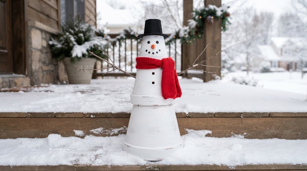 Snowman decor ideas with stacked white terracotta pots with a top hat on a snowy porch step
