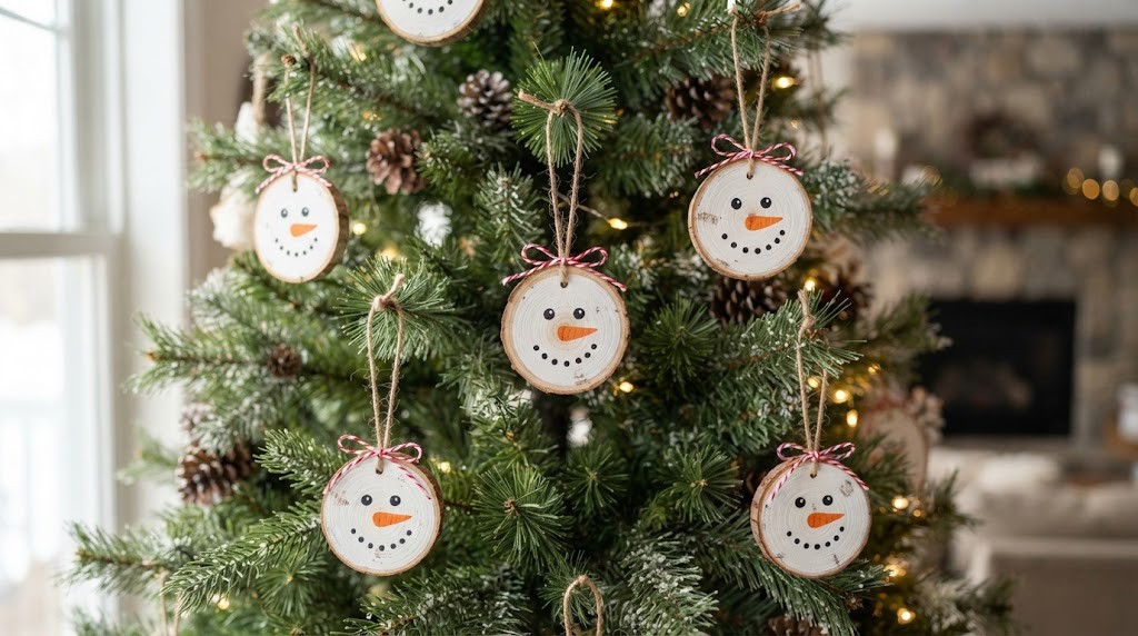 Wood slice ornaments painted with smiling snowman faces hanging on a Christmas tree