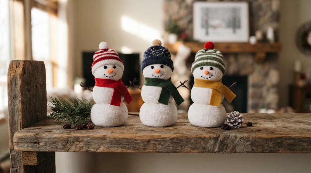 Small snowmen made from white socks filled with rice with button eyes and colorful hats