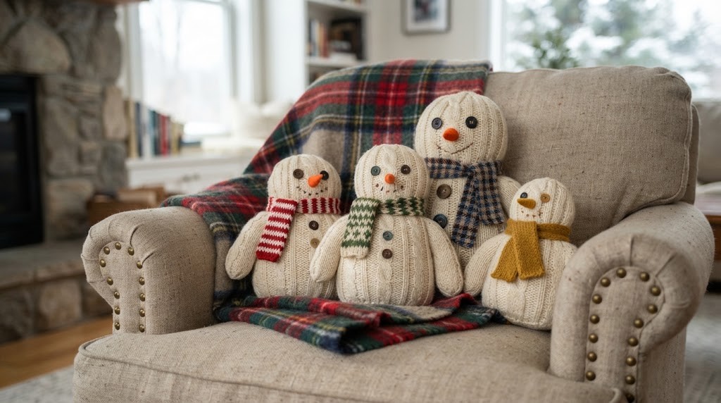 Plump snowmen sewn from cream cable knit sweaters sitting on an armchair