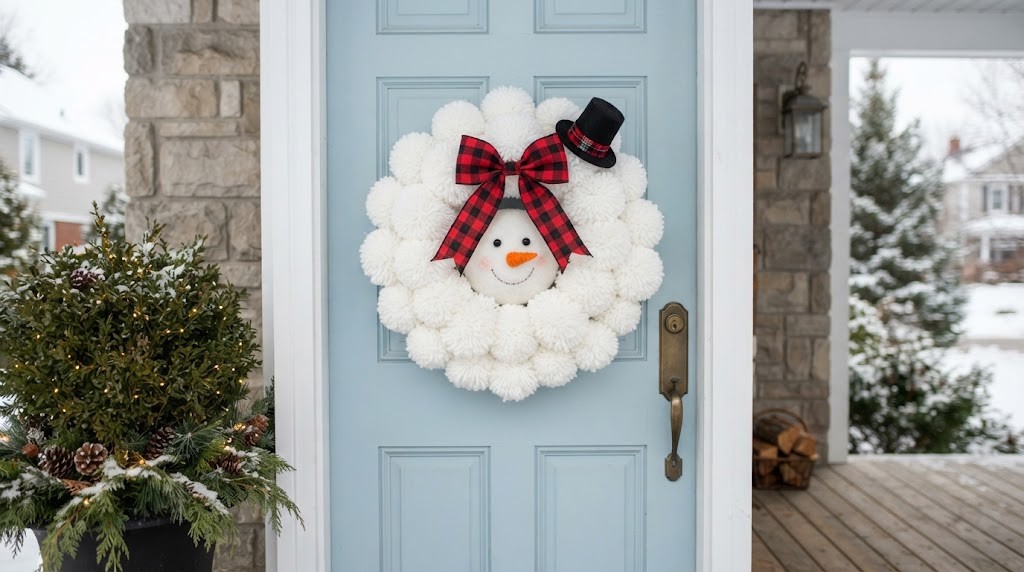 Fluffy white yarn pom pom wreath with a snowman face and red plaid bow on a blue door