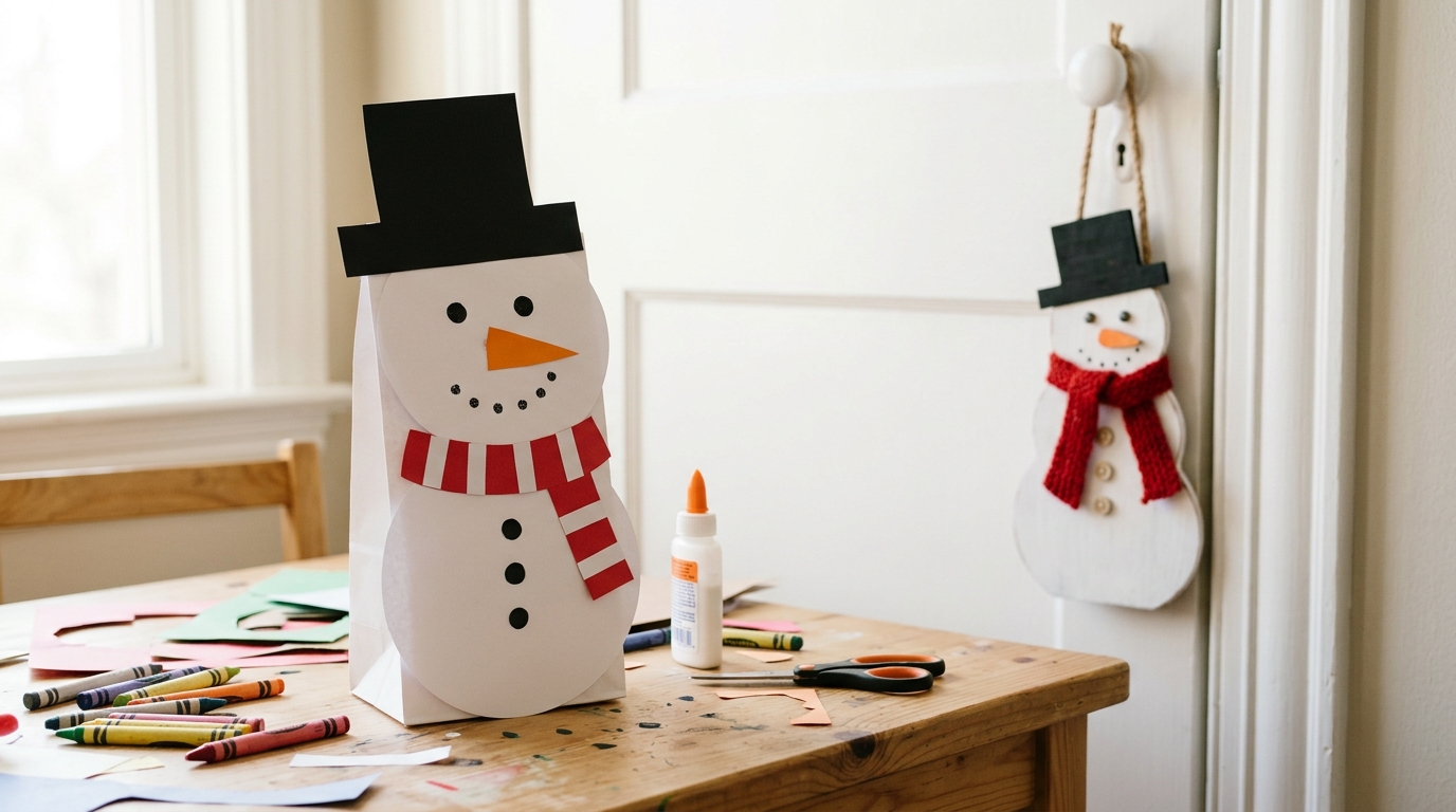 Snowman door hanger hanging on a white door beside a paper snowman