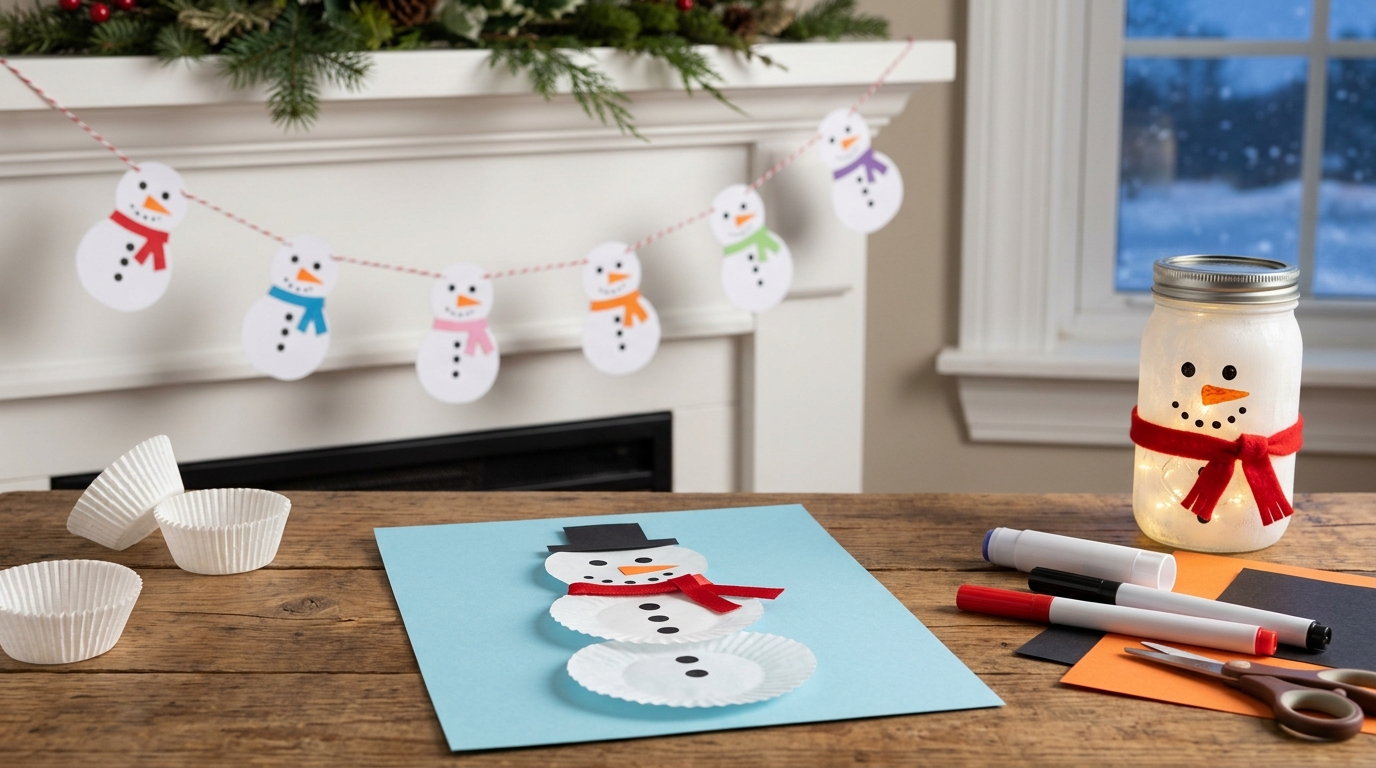 Frosted jar painted as a snowman glowing with battery fairy lights on a mantel
