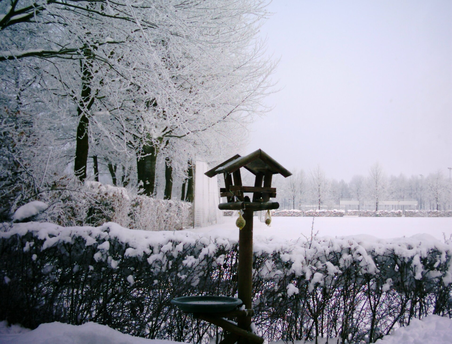 Wooden bird table on a post in a snowy garden