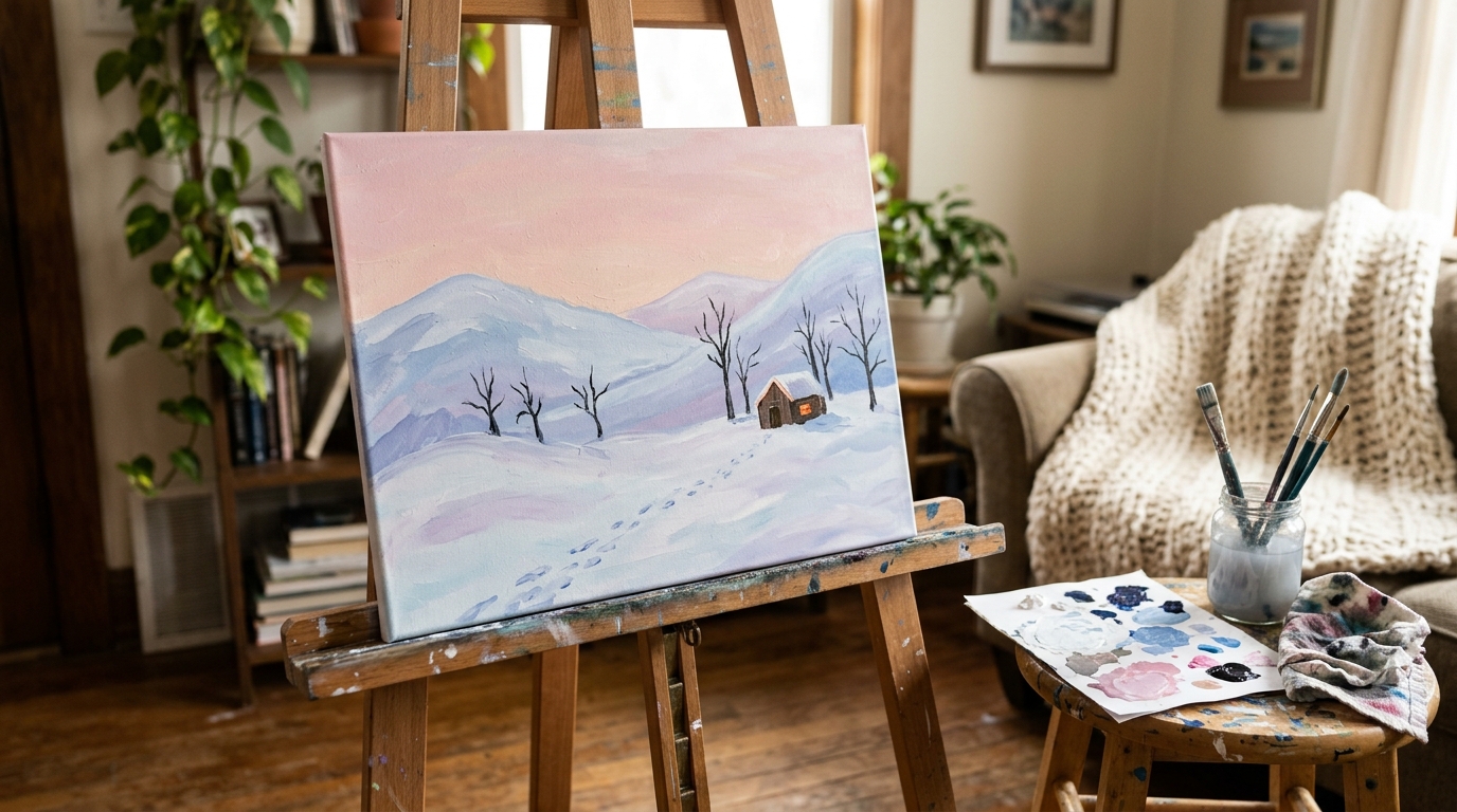 Quiet snowy hills with bare trees and a tiny glowing cabin on an easel