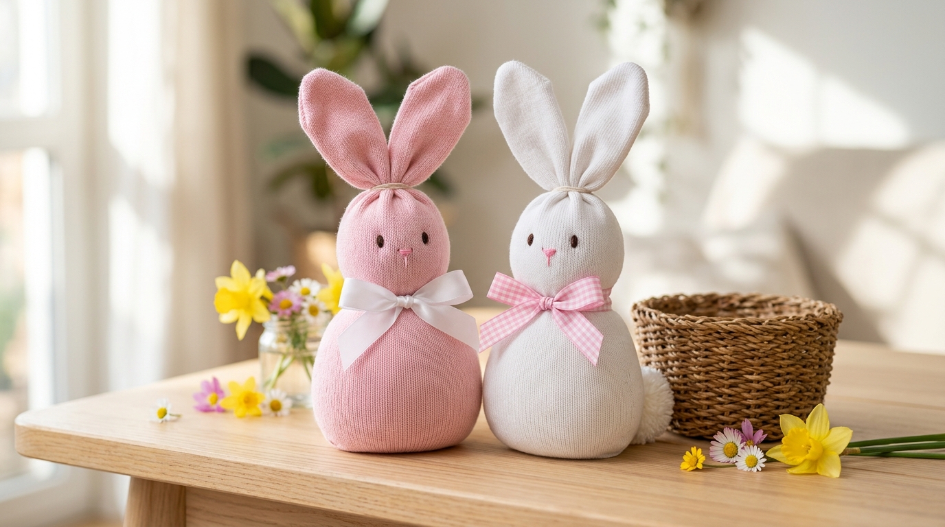Two pastel no-sew sock bunnies with ribbon bows on a sunny table