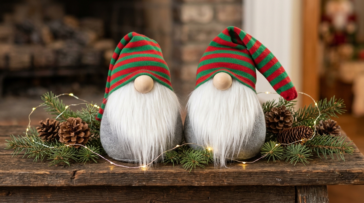Two sock Christmas gnomes with striped hats and fluffy beards on a mantel
