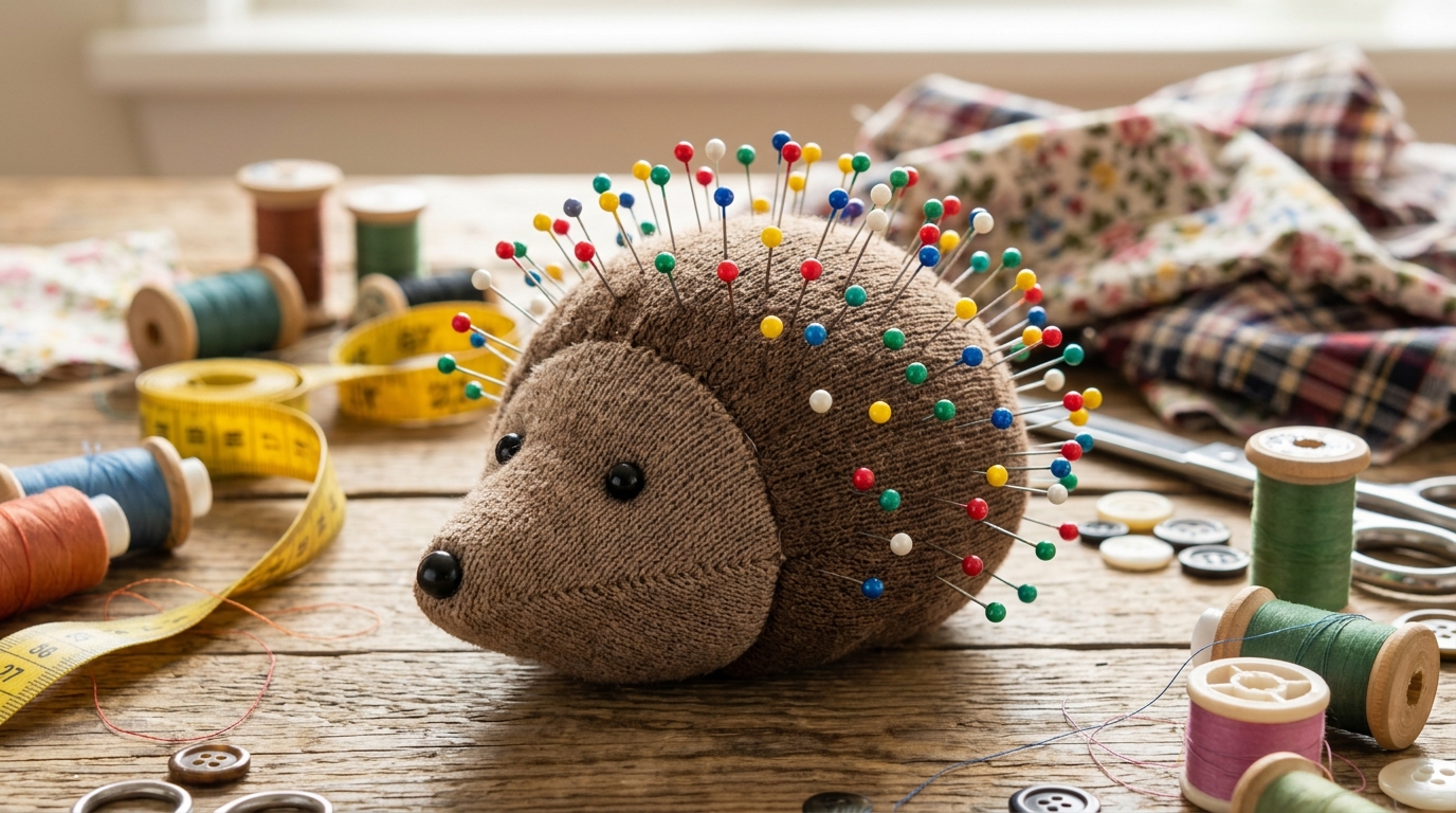 Brown sock hedgehog pincushion covered in colorful pins