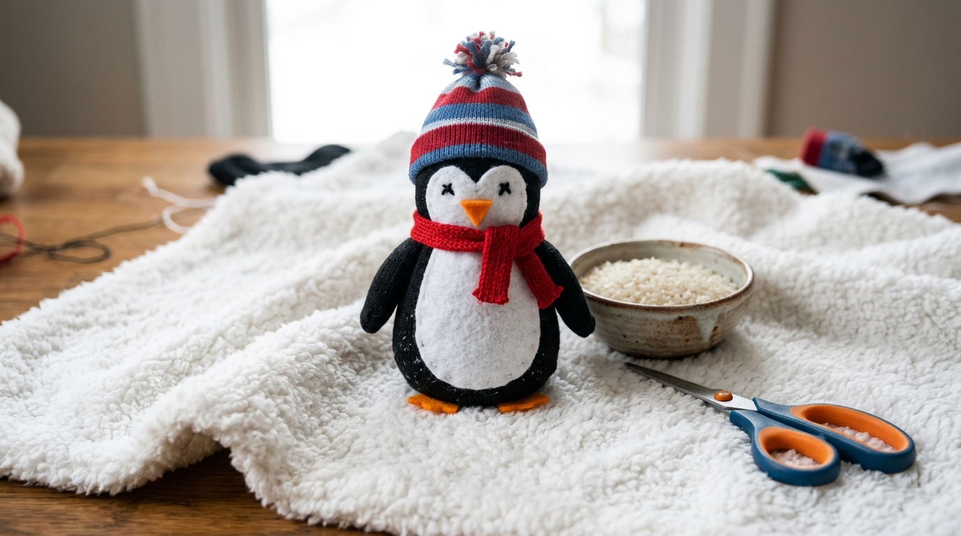 Black sock penguin with a felt belly, red scarf and striped hat