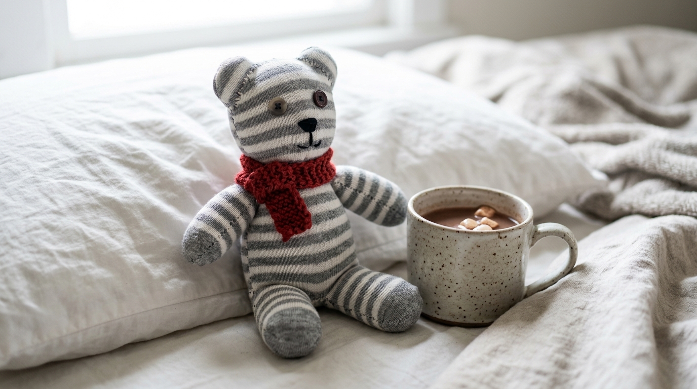Teddy Roosevelt Teddy Bear idea: a striped sock teddy bear with a red scarf on a bed