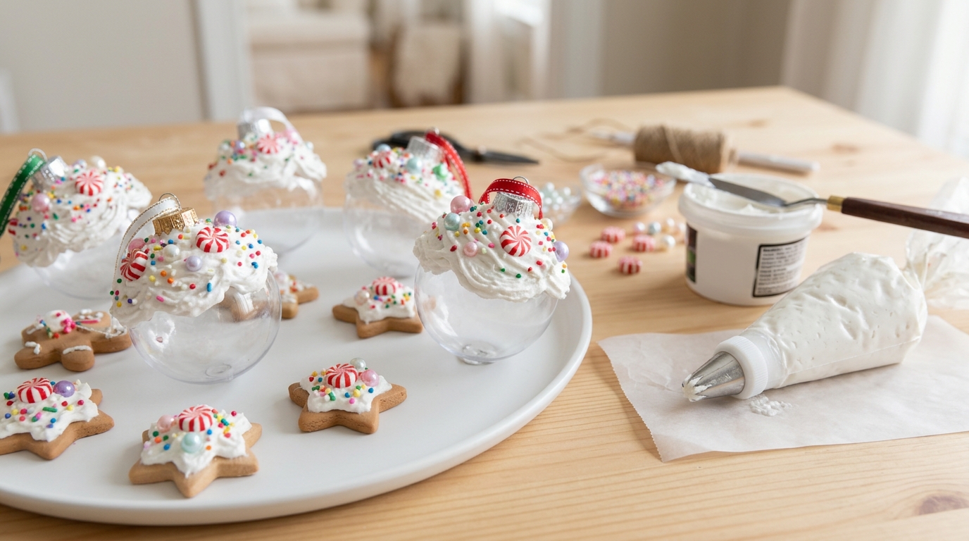 Ornaments topped with white spackle frosting and fake sprinkles on a tray