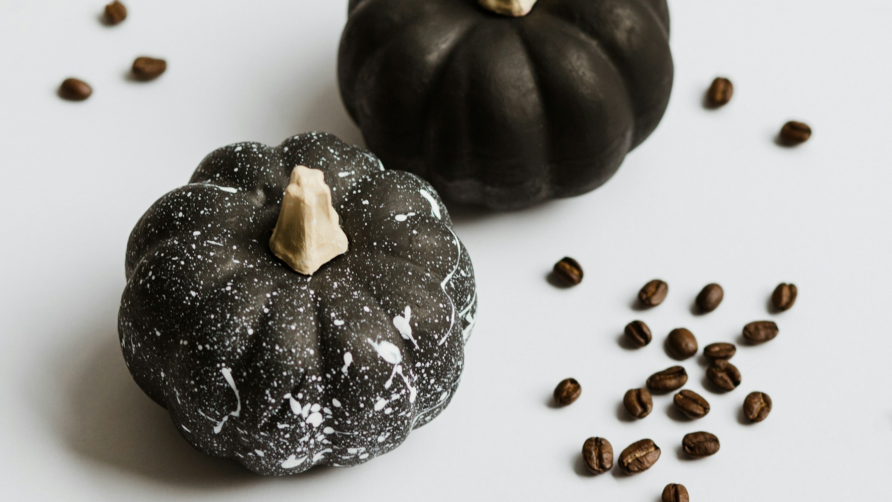 Two small black pumpkins speckled with white paint, Martha Stewart Halloween style