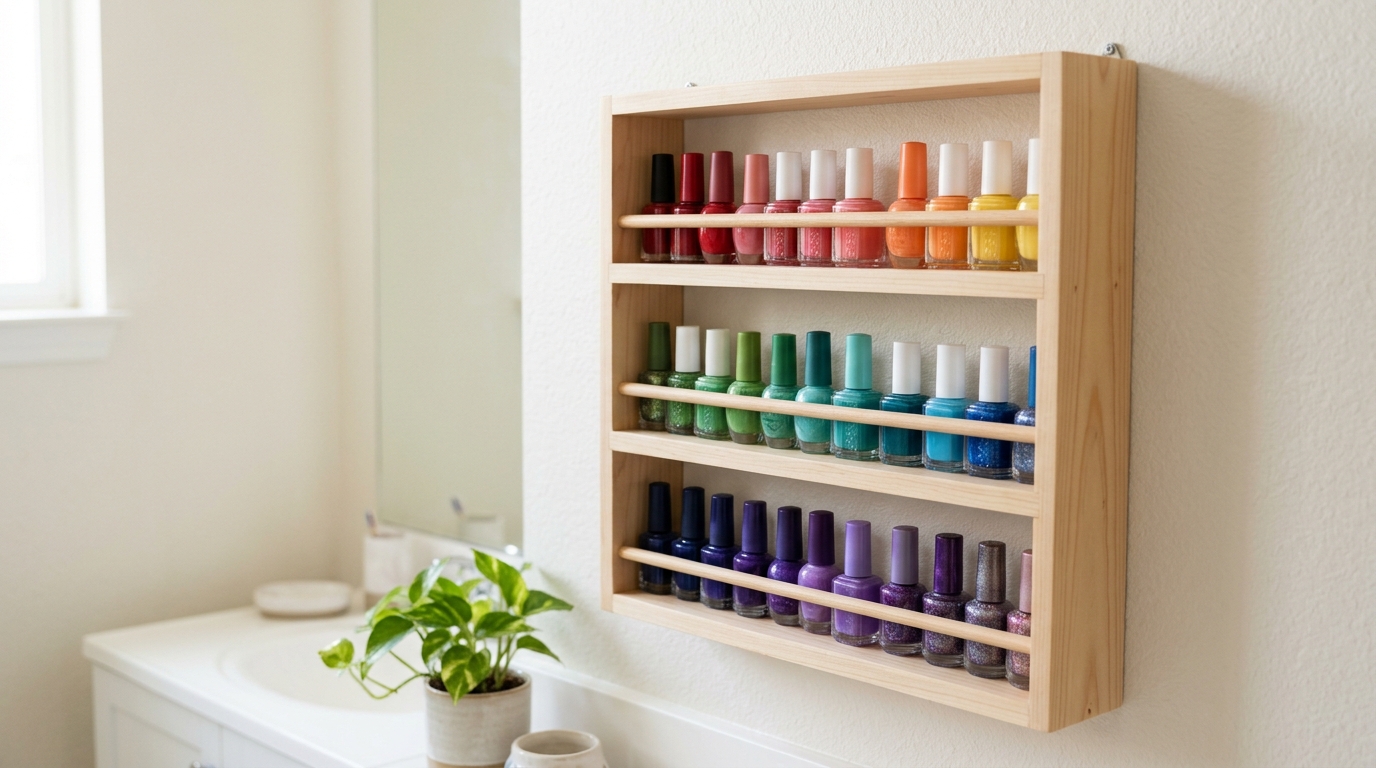 Wooden spice rack holding nail polish bottles in rainbow order