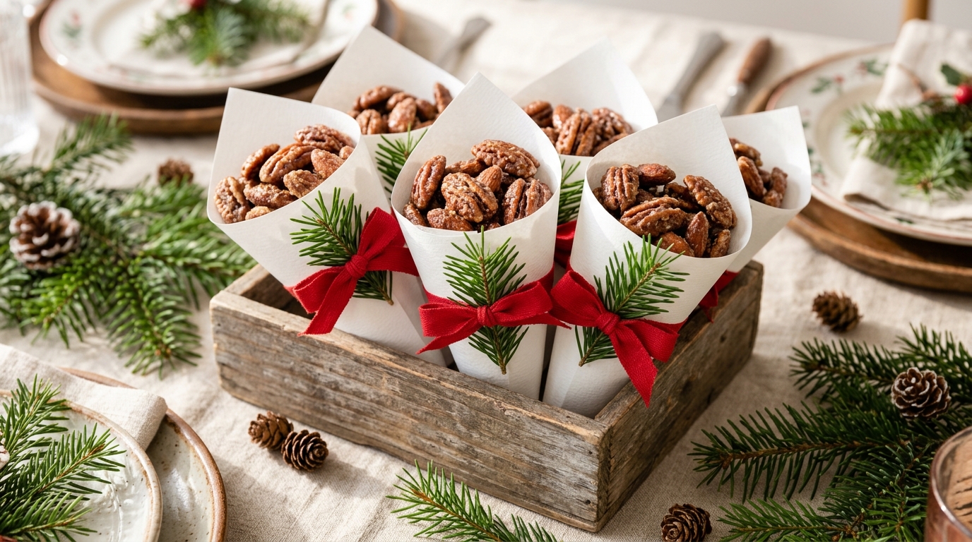 White paper cones filled with glazed spiced pecans in a wooden tray with pine sprigs