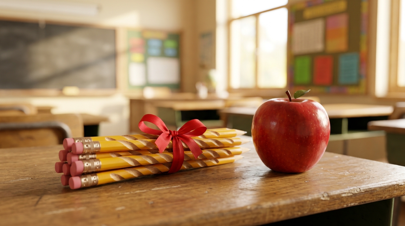 Spiral carved pencils tied with ribbon beside a red apple