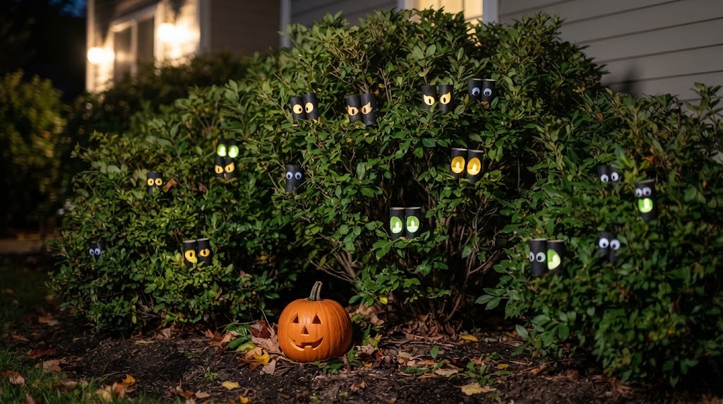 Glowing toilet paper roll eyes peeking out of front yard bushes at night