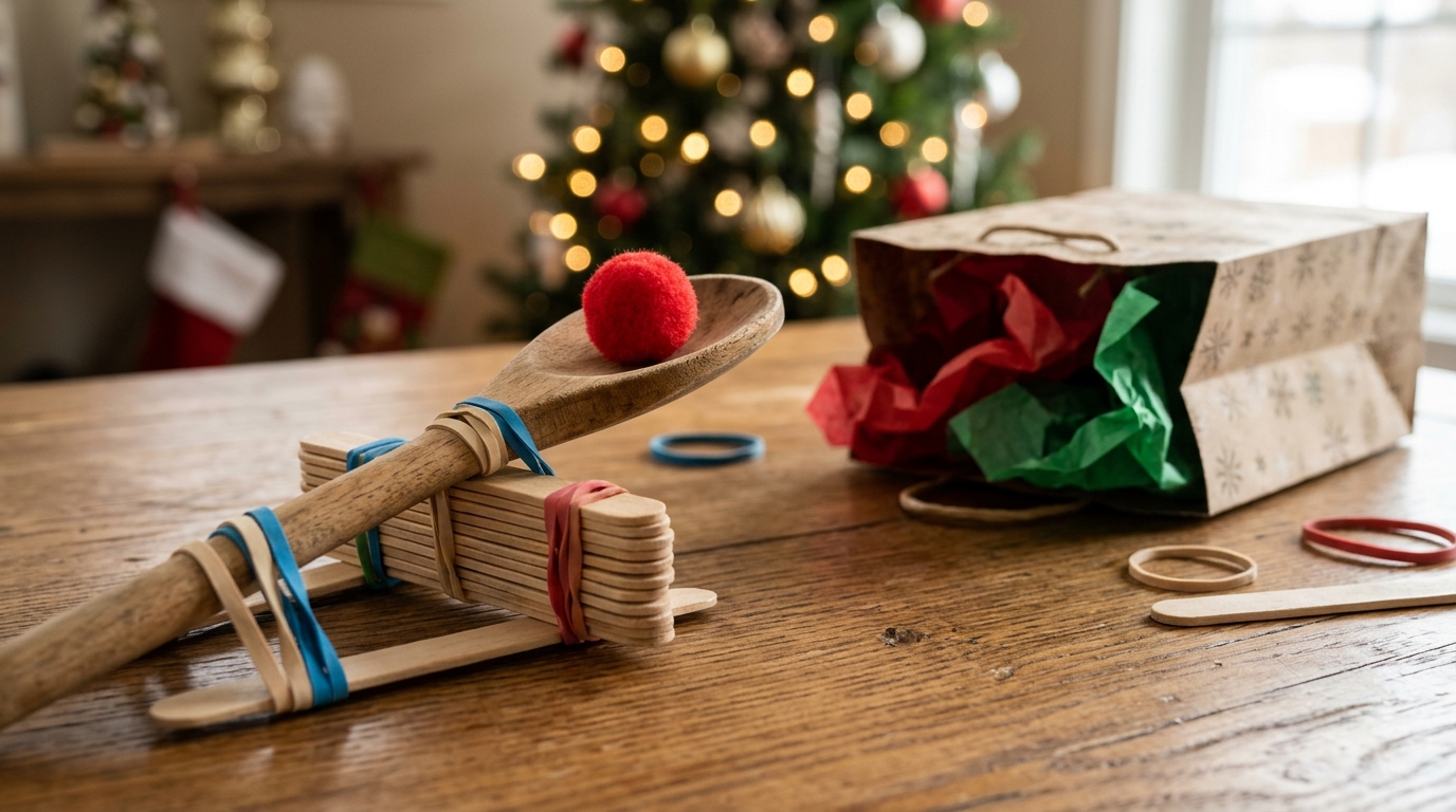 Wooden spoon and craft stick catapult with a red pompom aimed at an open gift bag