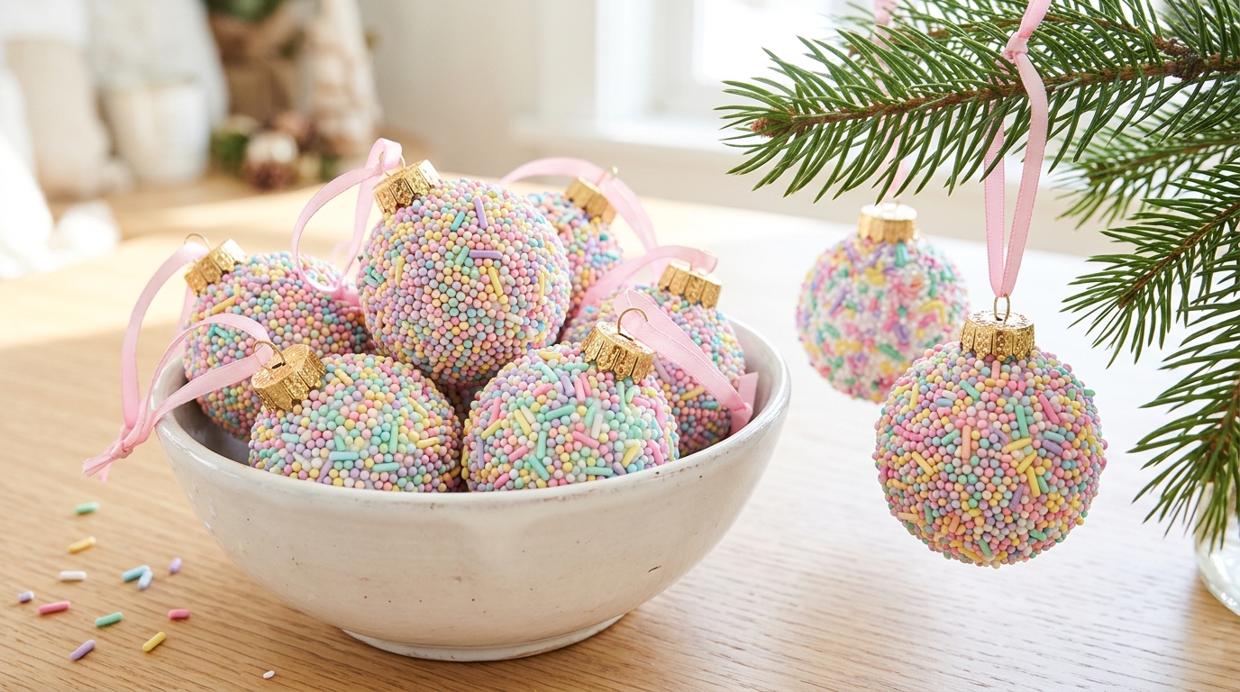 Foam ball ornaments rolled in colorful faux sprinkles in a white bowl