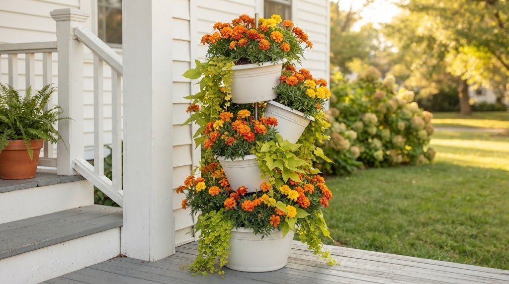 Stacked white plastic pot tower front porch planters with orange marigolds