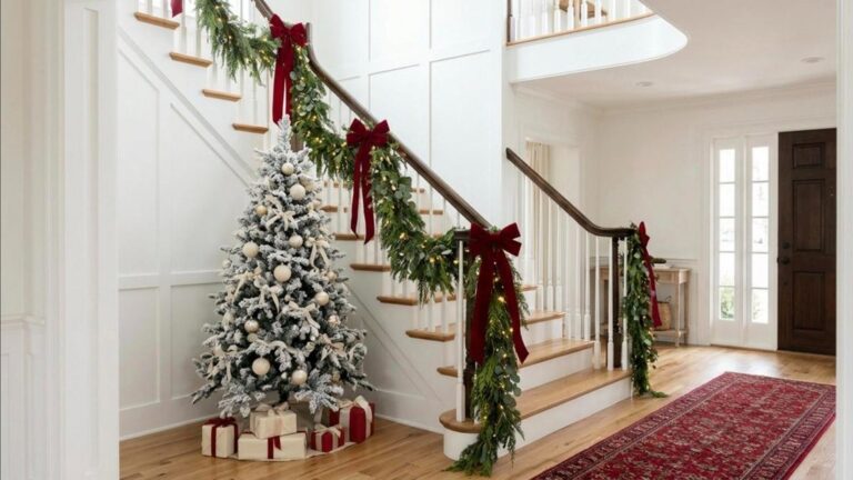 Christmas staircase decor with full layered garland, red velvet bows and a flocked tree