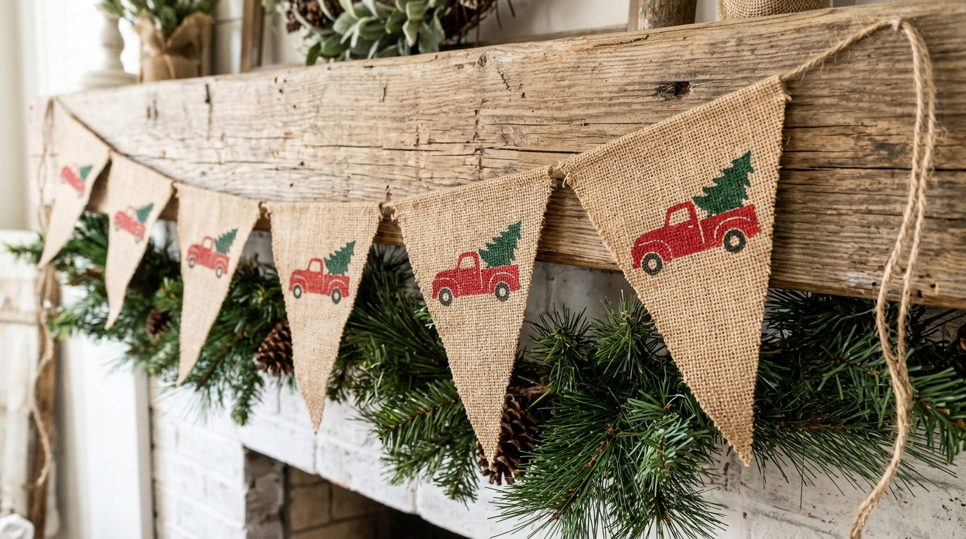 Red Truck Christmas Decor burlap pennant banner stenciled with red trucks over pine garland on a mantel