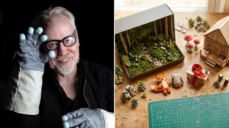 Stop motion crafts beside Adam Savage, with a shoebox forest set, felt puppets and a cardboard cabin