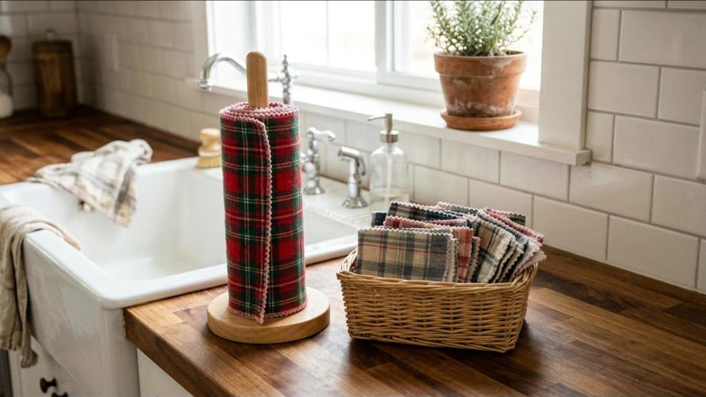 Things to Stop Buying idea of rolled flannel unpaper towels on a wooden holder in a kitchen