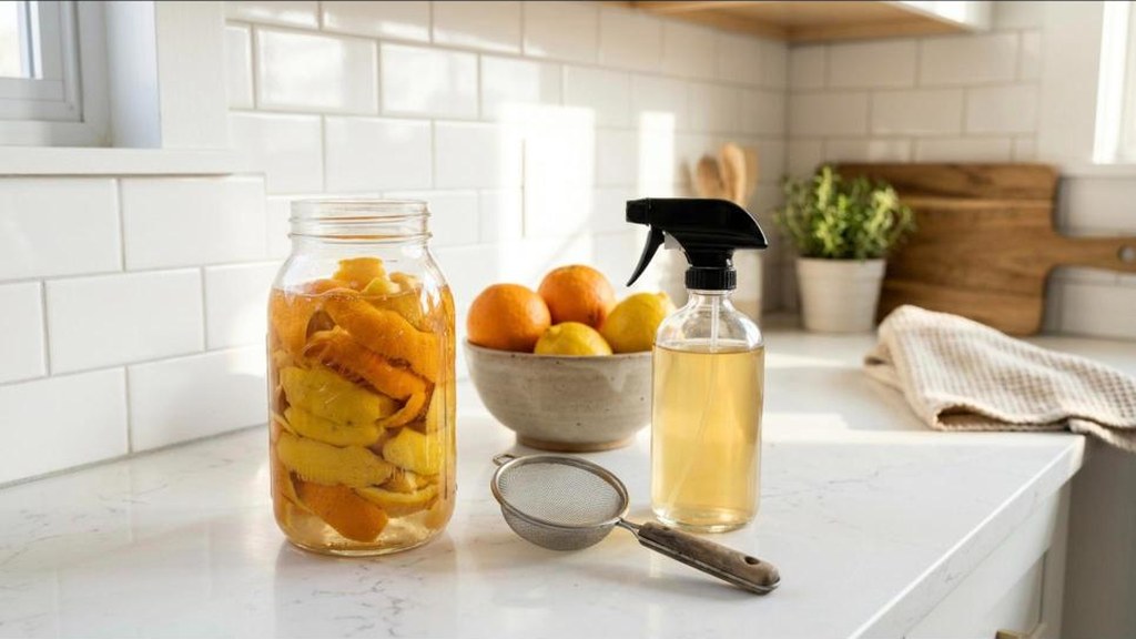 Glass jar of orange and lemon peels soaking in vinegar next to a spray bottle on a kitchen counter