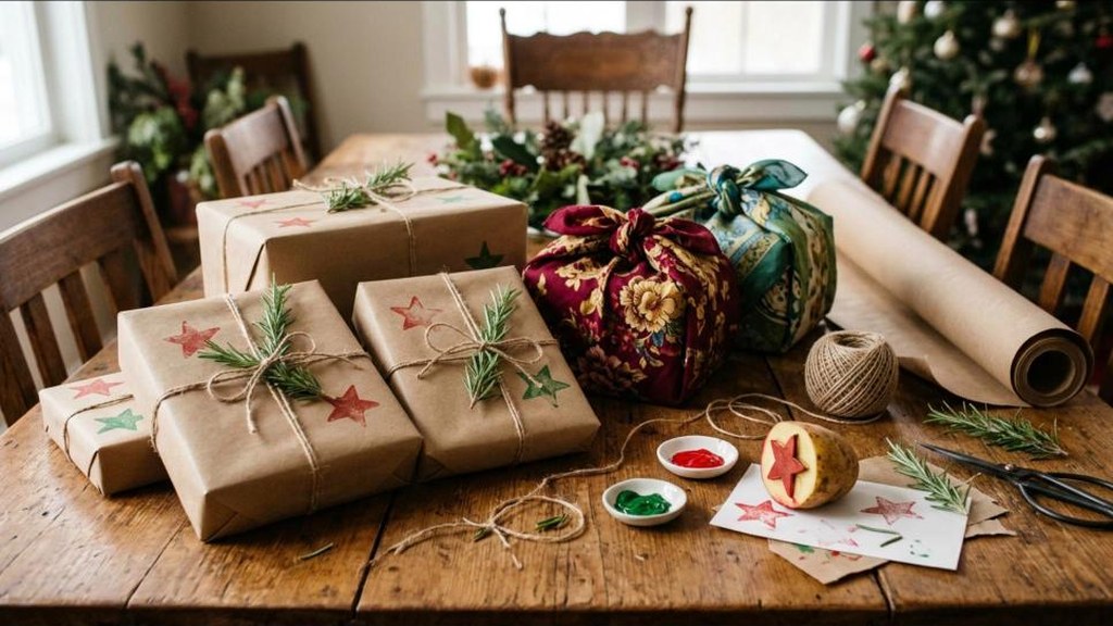 Things to Stop Buying swap of kraft paper gifts with hand stamped stars and scarf wrapped presents