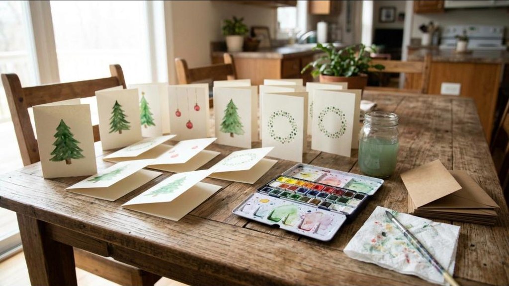Handmade watercolor Christmas cards with painted trees and wreaths drying on a kitchen table