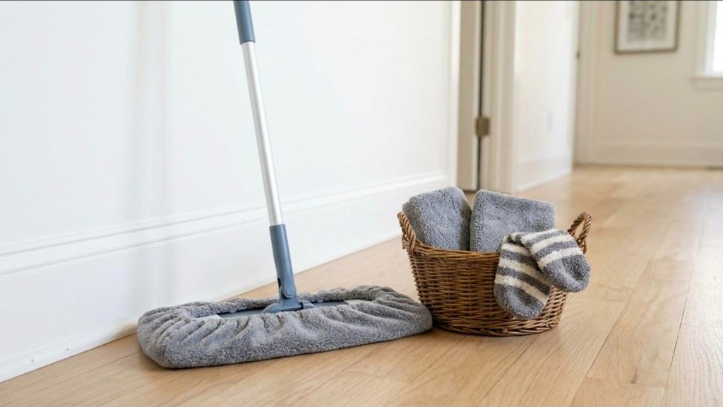Things to Stop Buying tip of a washable microfiber cover on a flat floor mop in a clean hallway