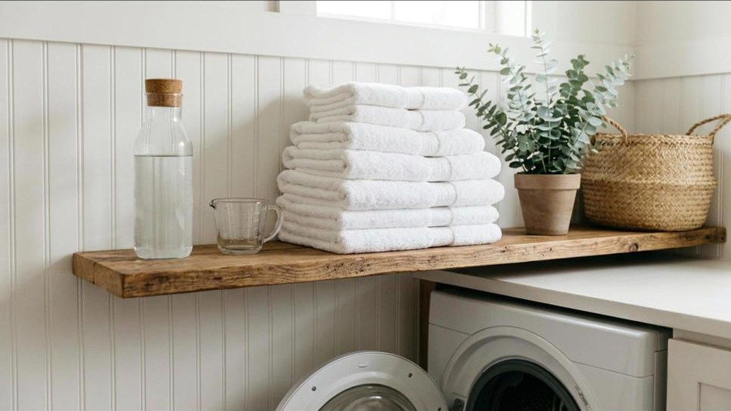 Glass bottle of white vinegar on a laundry shelf next to a stack of fluffy white towels