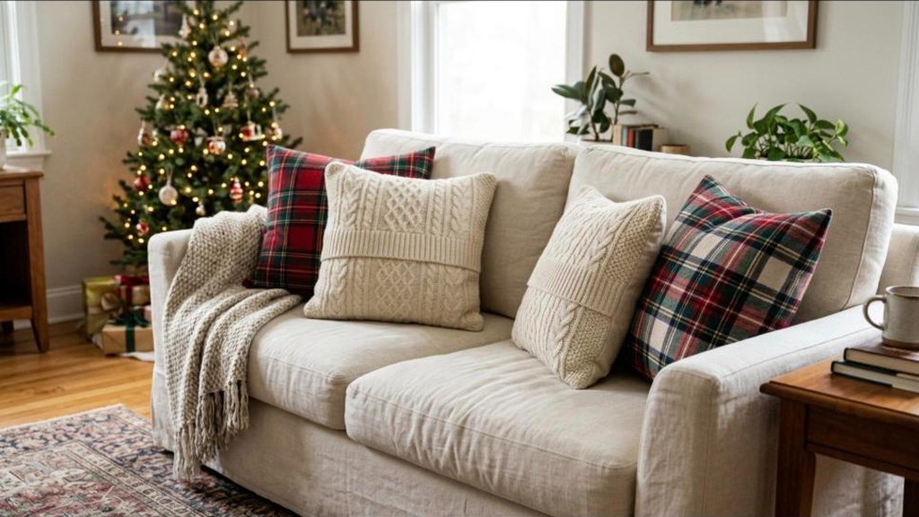 Sofa with throw pillows covered in a thrifted plaid tablecloth and an old cable knit sweater