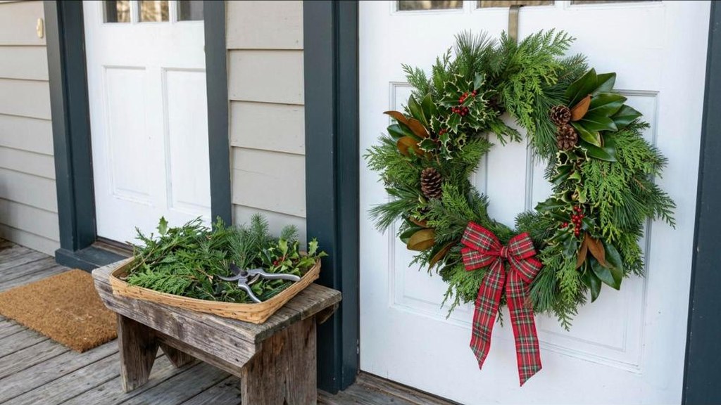 Fresh wreath made from yard clippings of cedar, holly and magnolia on a white front door