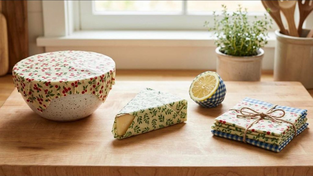 Things to Stop Buying swap of colorful homemade beeswax food wraps covering bowls and cheese