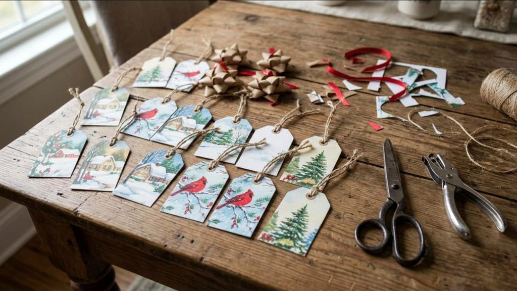 Handmade gift tags cut from old Christmas cards with twine loops and paper bows on a craft table