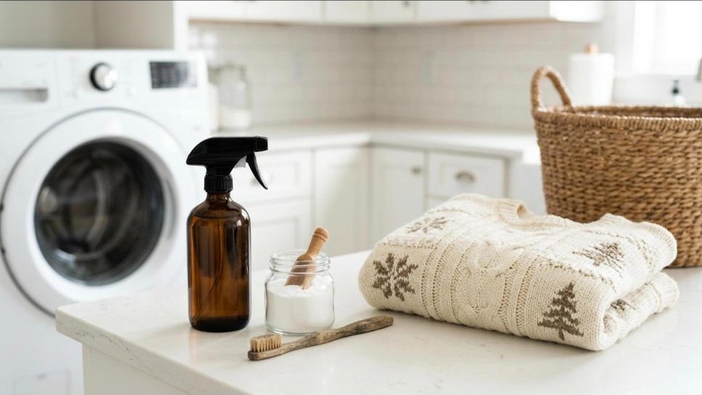 Dark spray bottle of homemade stain remover with dish soap and baking soda on a laundry counter
