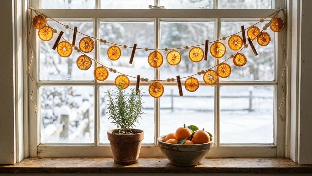 Things to Stop Buying holiday decor of a dried orange slice and cinnamon garland on a kitchen window