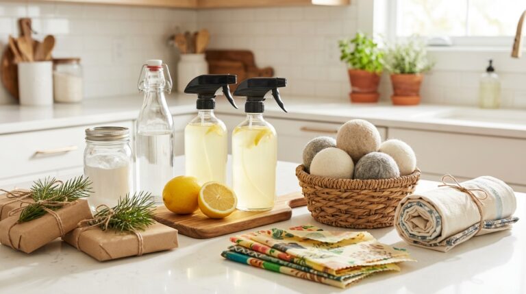Things to Stop Buying swaps: wool dryer balls, beeswax wraps, homemade lemon cleaner and cloth towels