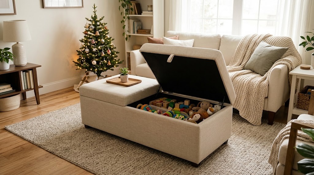 Hide living room eyesores: storage ottoman holding toys beside a Christmas tree