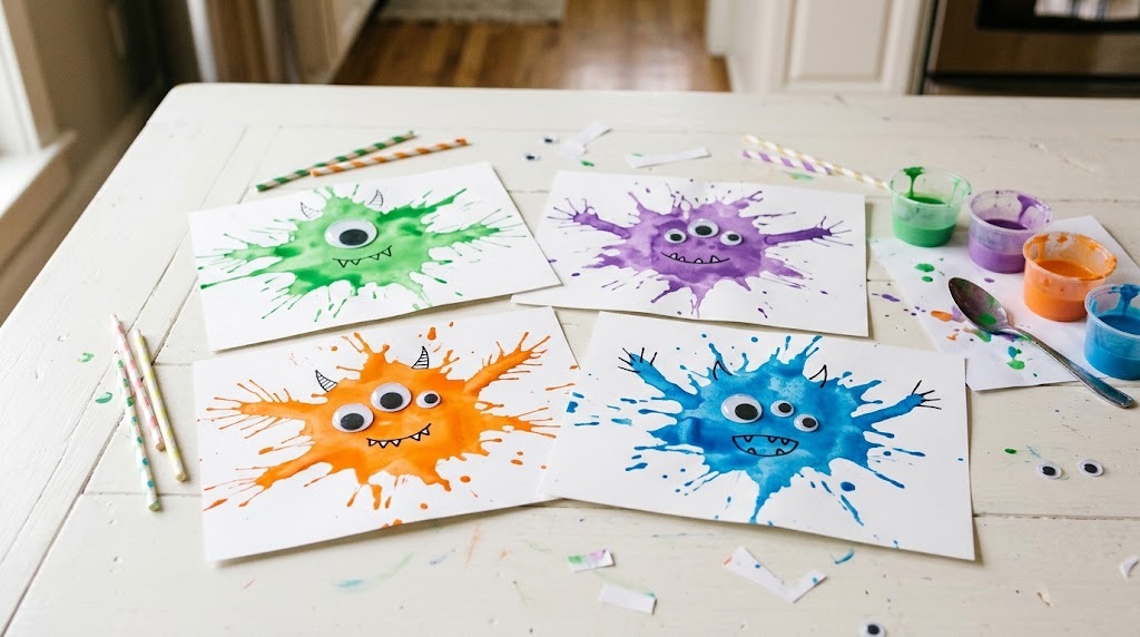 Halloween crafts for kids: straw blown paint splatter monsters with googly eyes