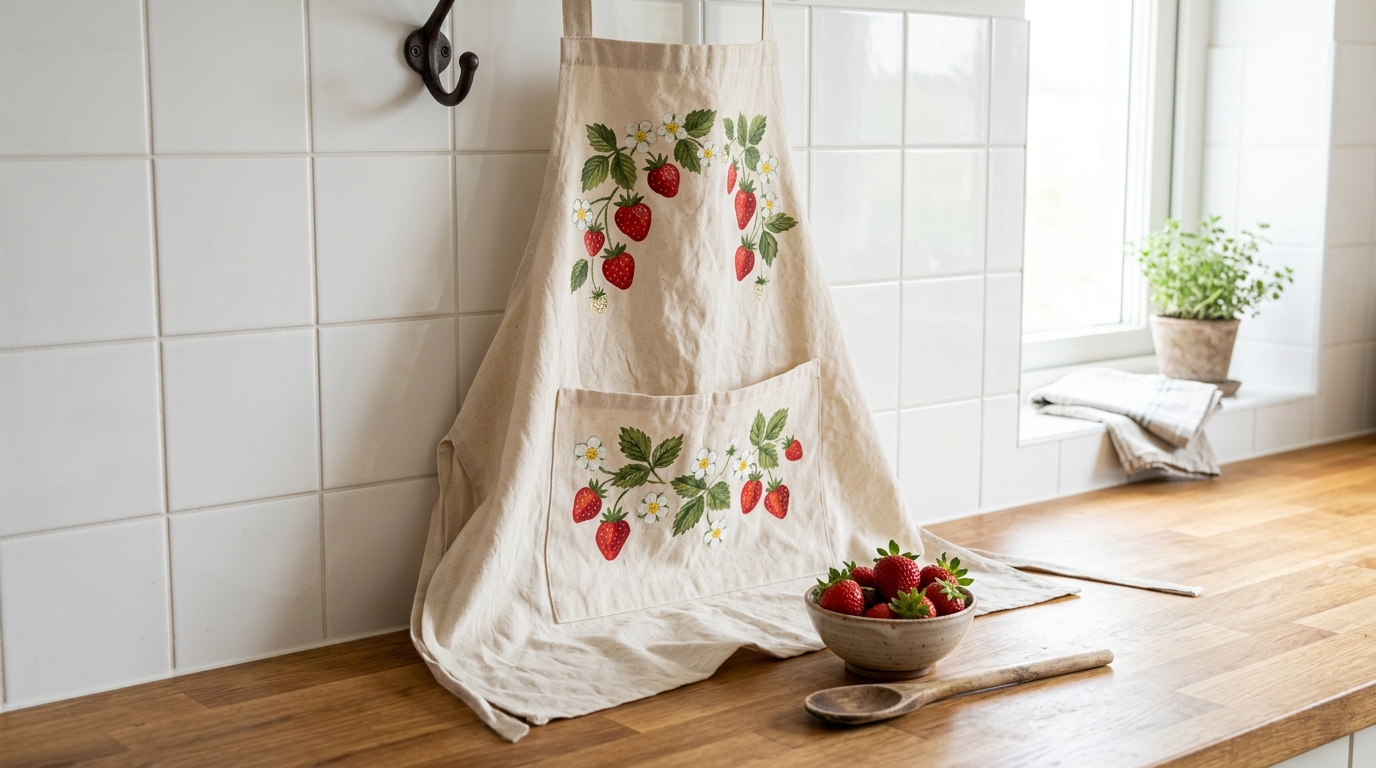 Canvas apron hand painted with strawberries and white flowers