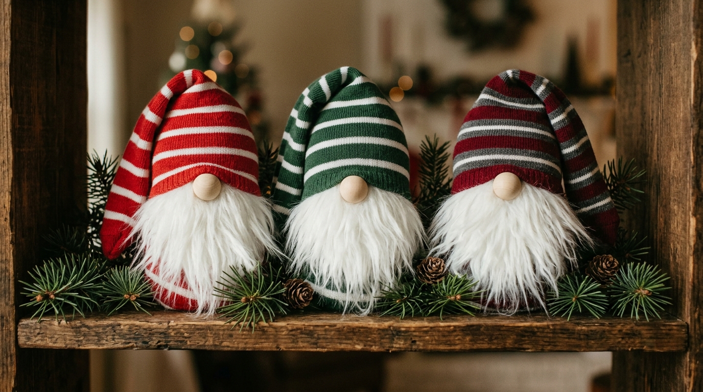 Amy Sedaris Christmas crafts gift idea of three striped sock gnomes with fluffy white beards on a shelf