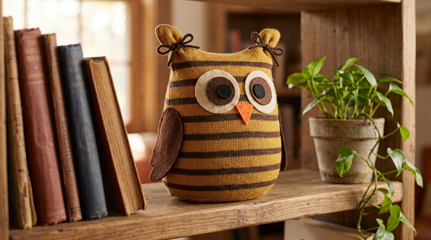 Mustard striped sock owl with felt eyes on a bookshelf