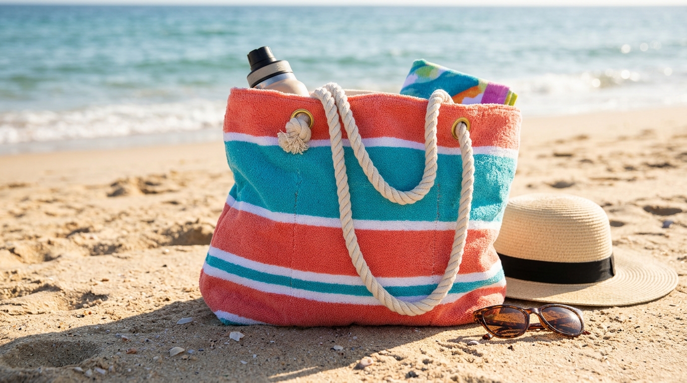 Old towel upcycles for summer: a coral and turquoise striped towel tote bag with rope handles on the sand