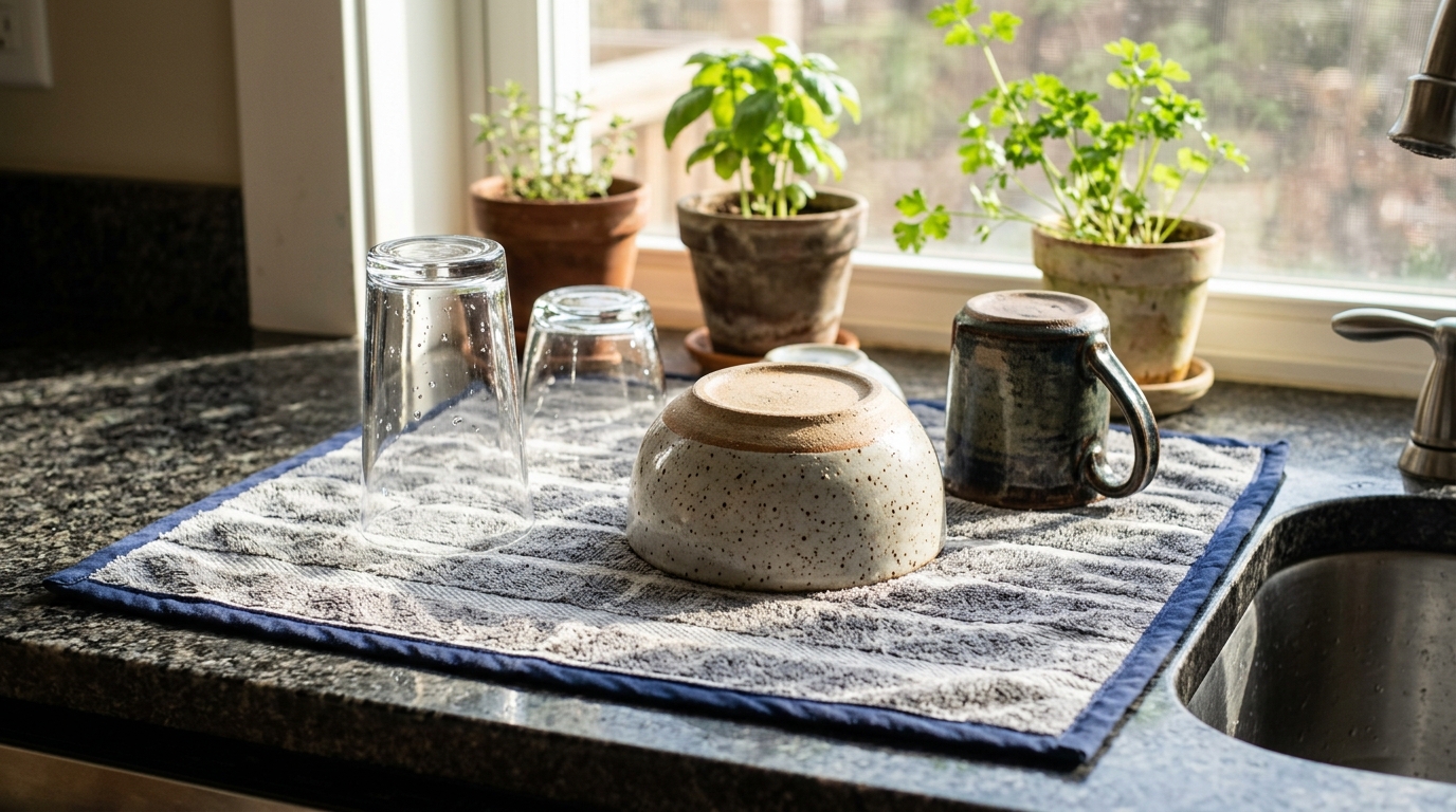 A striped towel dish drying mat on a kitchen counter with glasses, a bowl and a mug