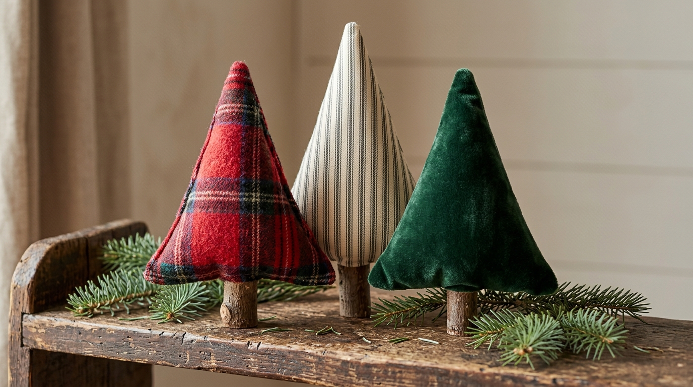 Three stuffed cone trees in red plaid, ticking stripe and green velvet on a wooden shelf